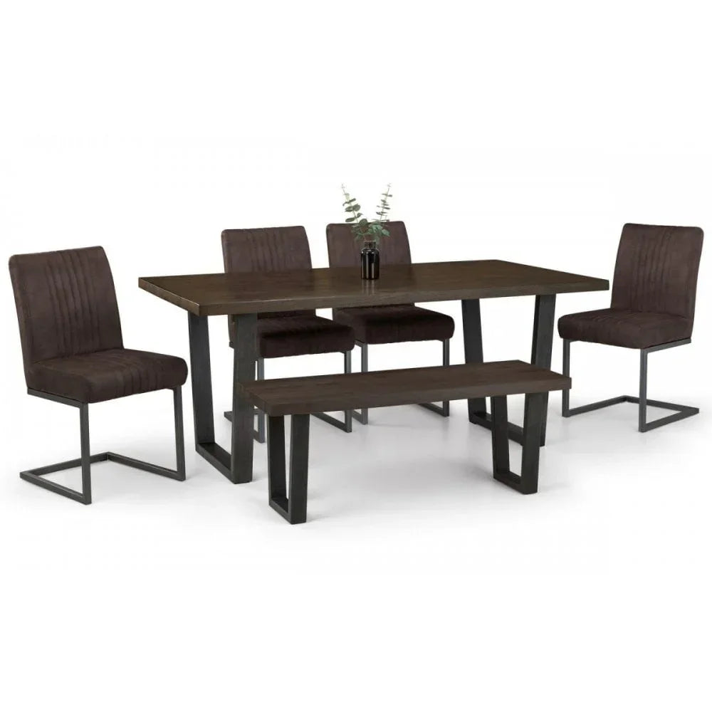 Modern dining table set with four brown chairs and matching bench, metal legs, wood tabletop