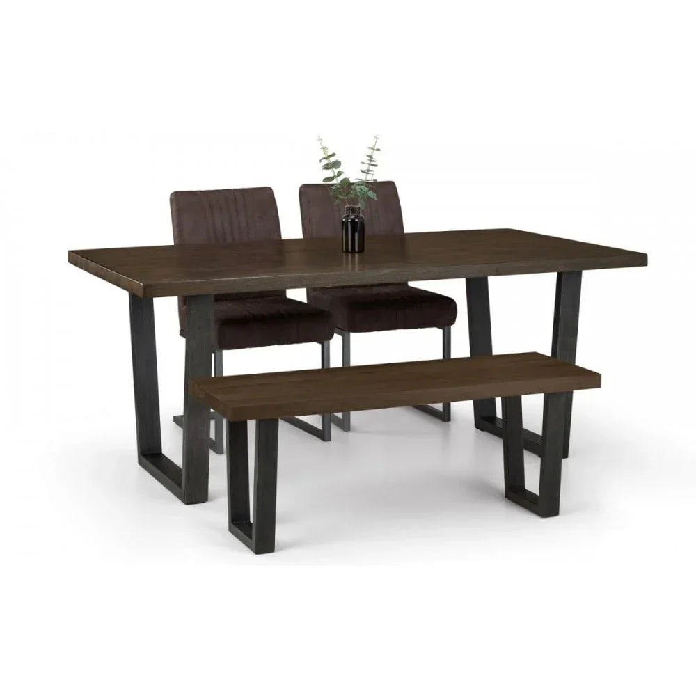 Dark wood dining table set with two brown chairs, matching bench, and black metal legs