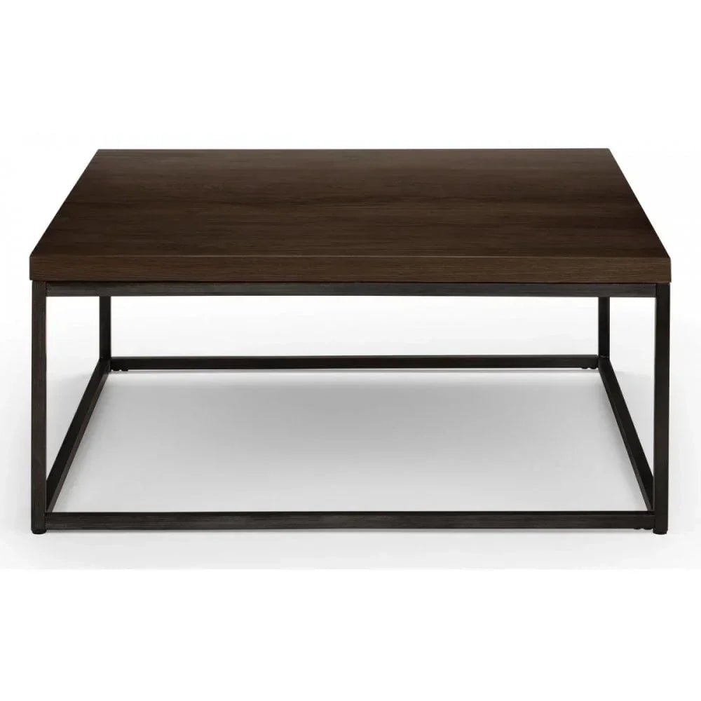 Square dark wood coffee table with black metal frame, front view