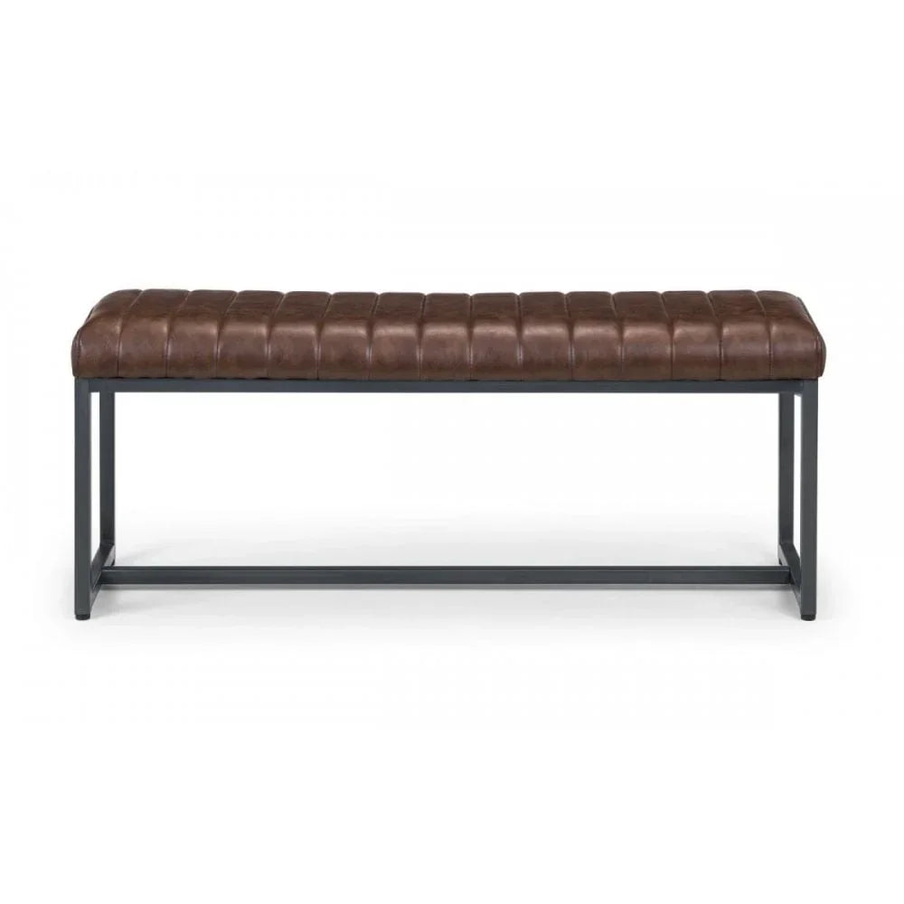 Brown leather bench with metal frame and stitched padding, front view