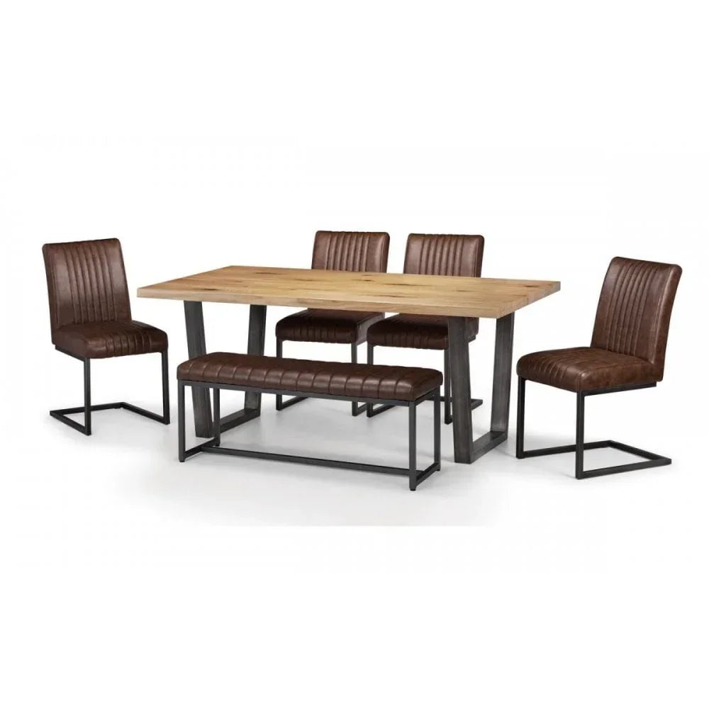 Oak dining table set with four brown faux leather chairs and matching bench