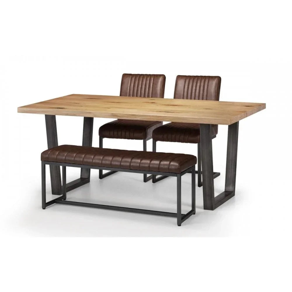 Industrial dining table set with wood top, brown leather chairs and bench, black metal legs