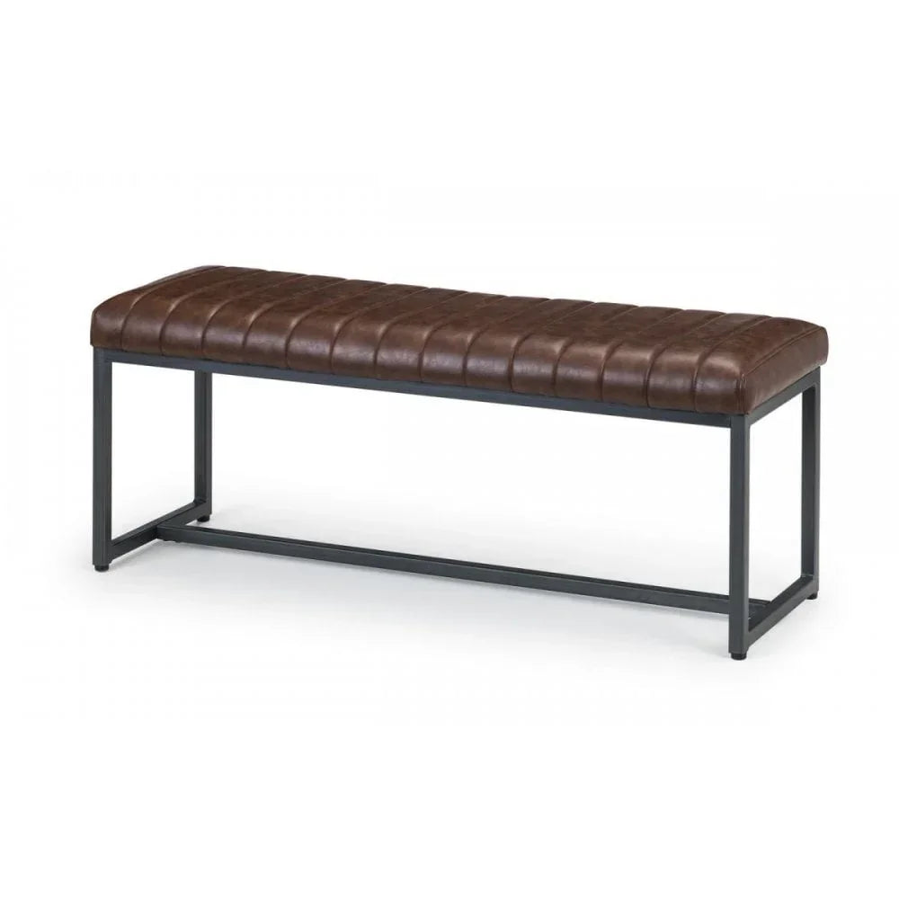Brown leather bench with black metal frame and stitched seat, side view