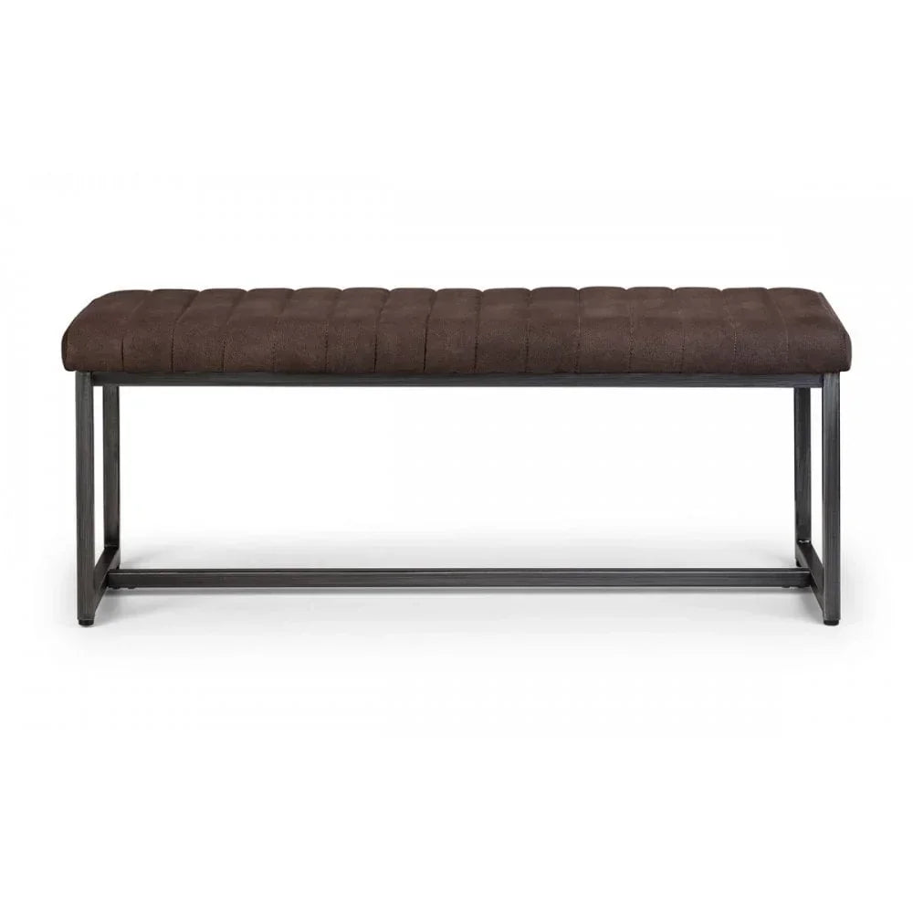 Brown upholstered bench with metal frame and horizontal stitch detail, front view