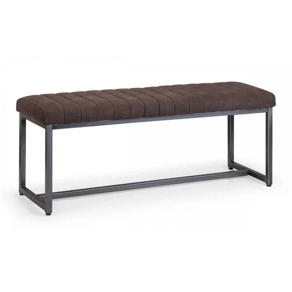 Brown upholstered bench with metal frame and stitched seat, modern furniture seating