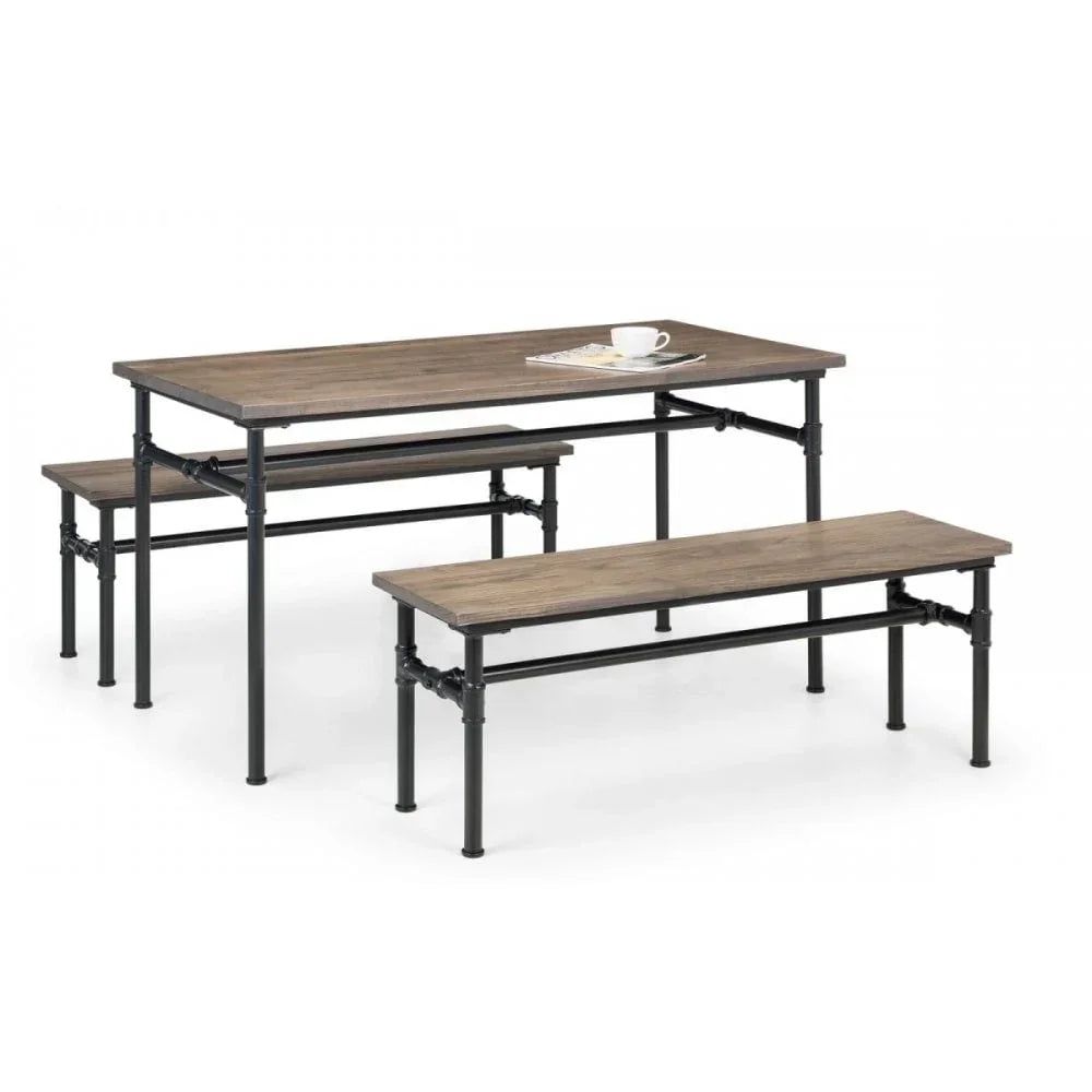 Industrial dining table set with wooden benches and black metal frame