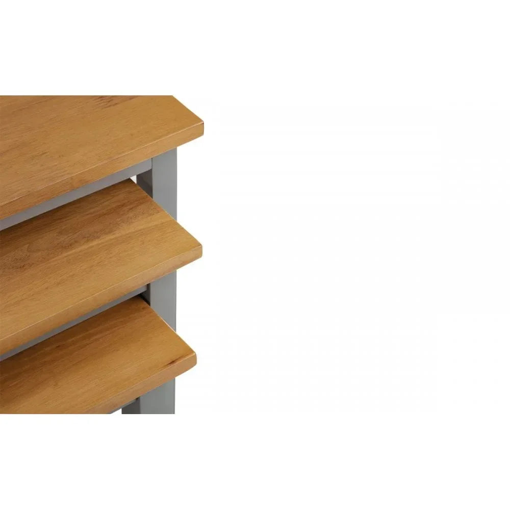 Corner view of oak wood shelving unit with metal frame