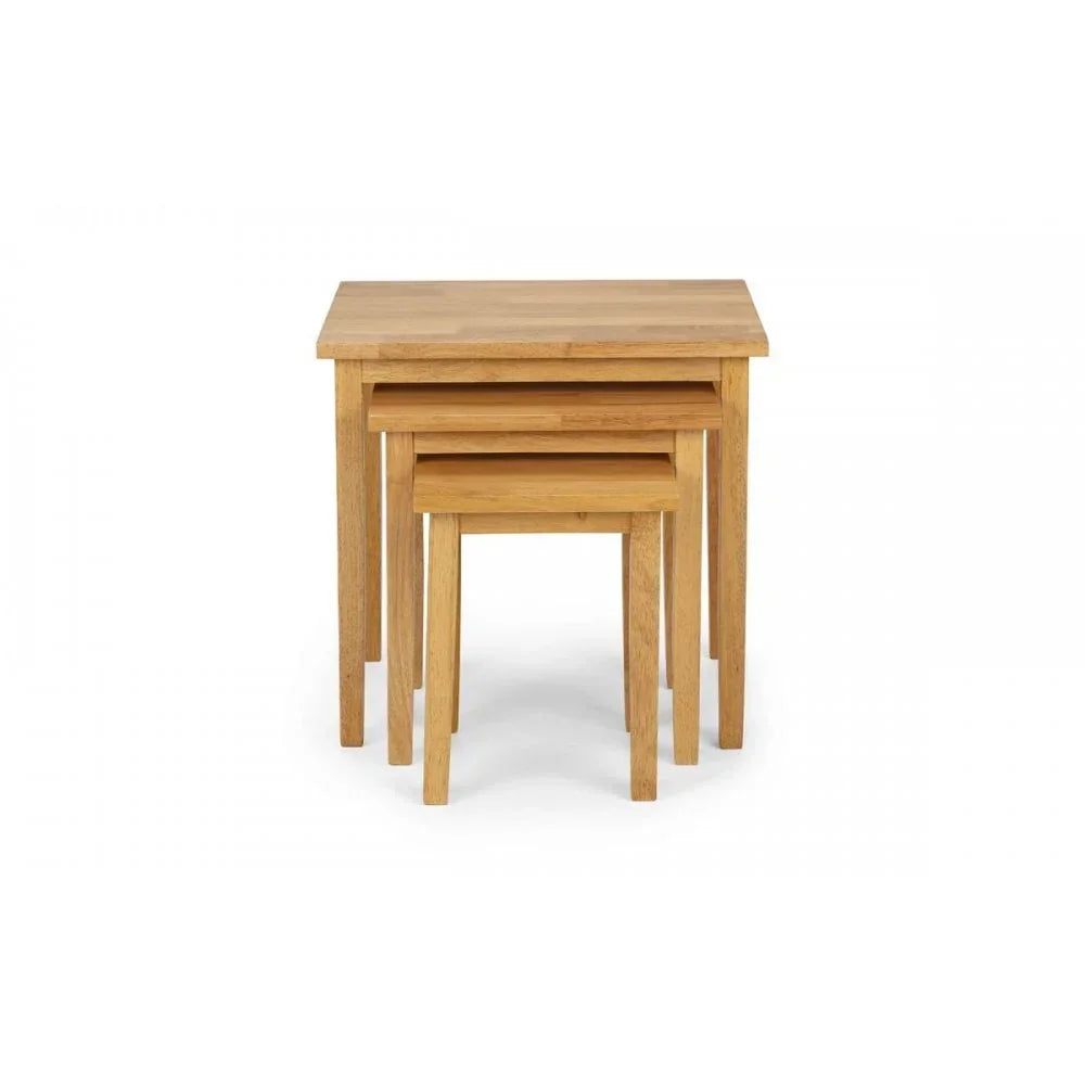 Oak nesting tables set of three with rectangular tops and wooden legs