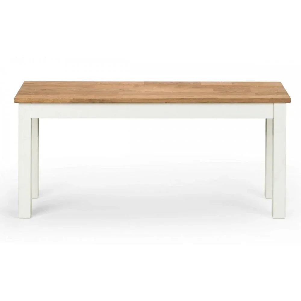 Rectangular wooden dining bench with oak top and white painted frame