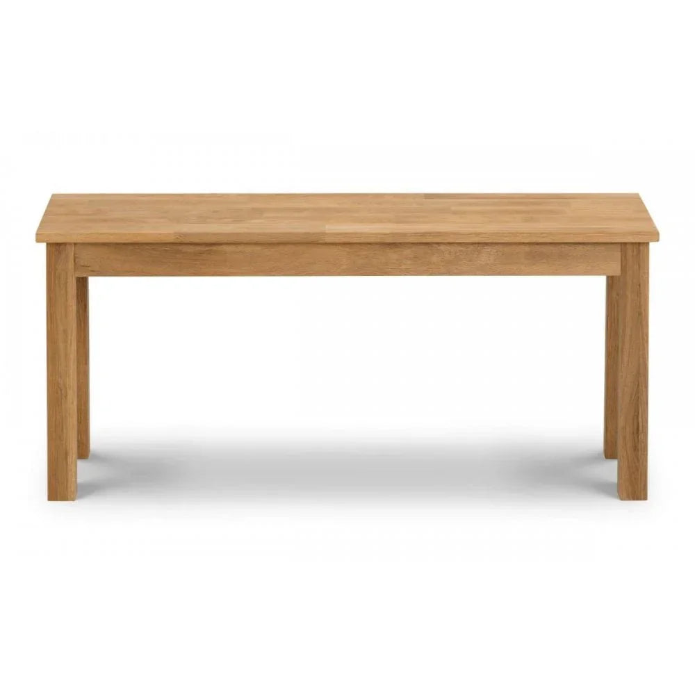 Oak dining bench with rectangular seat and straight wooden legs on white background