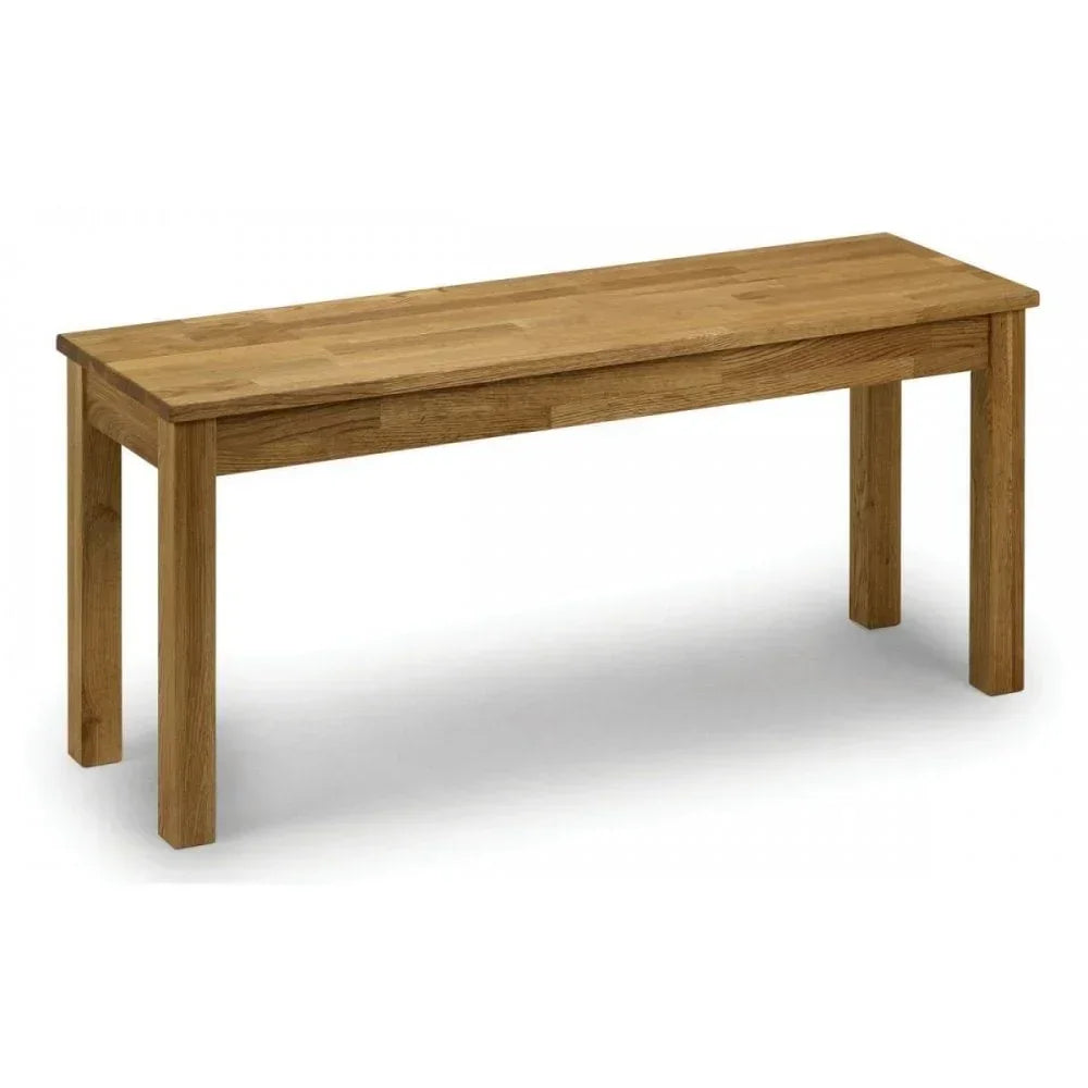 Rectangular oak dining bench with simple wooden frame and straight legs