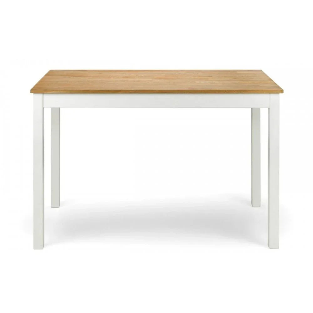 Rectangular dining table with natural wood top and white painted legs