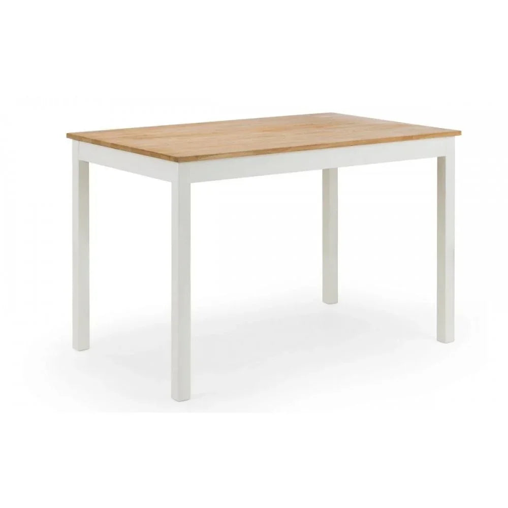 Rectangular dining table with light wood top and white legs, shown at an angle on white background