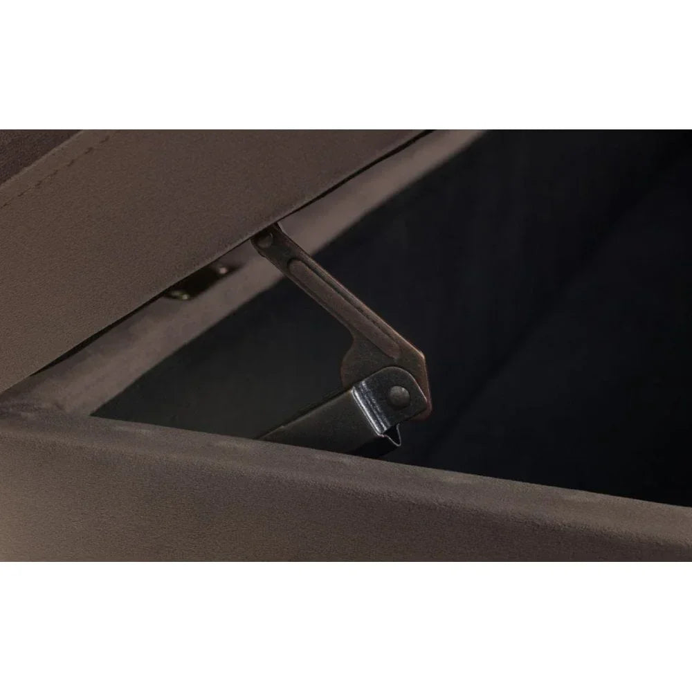 Closeup of brown storage ottoman hinge and soft upholstered interior
