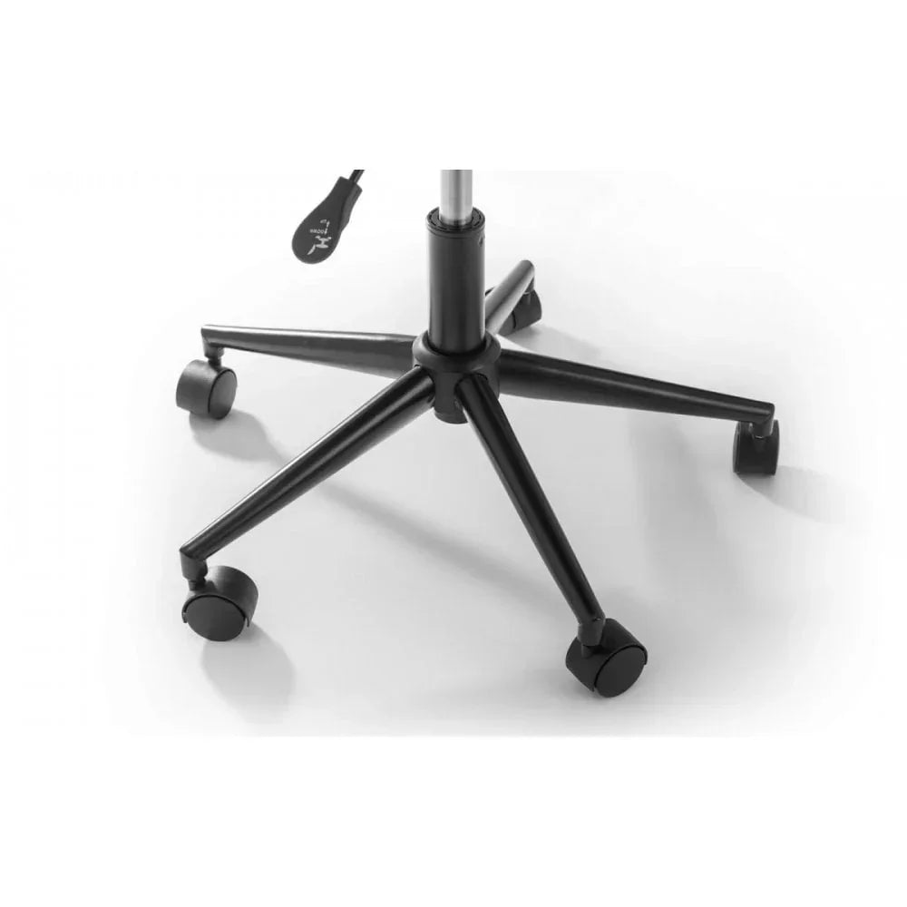 Black office chair base with five caster wheels on white background