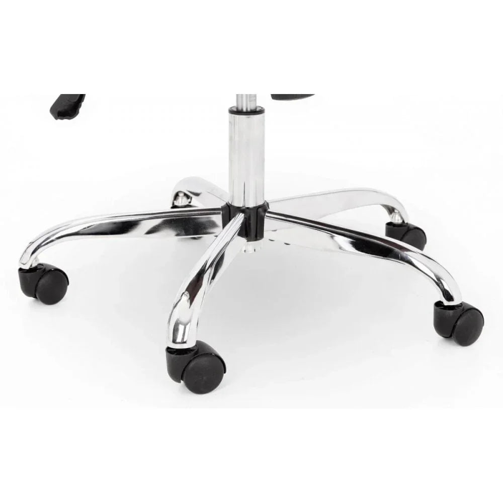 Chrome office chair base with five black caster wheels on white background