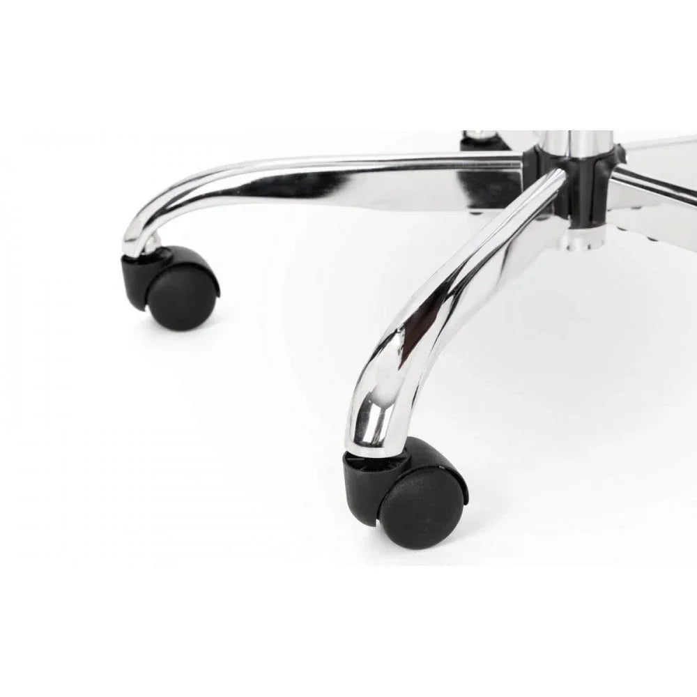 Chrome office chair base with black caster wheels on white background