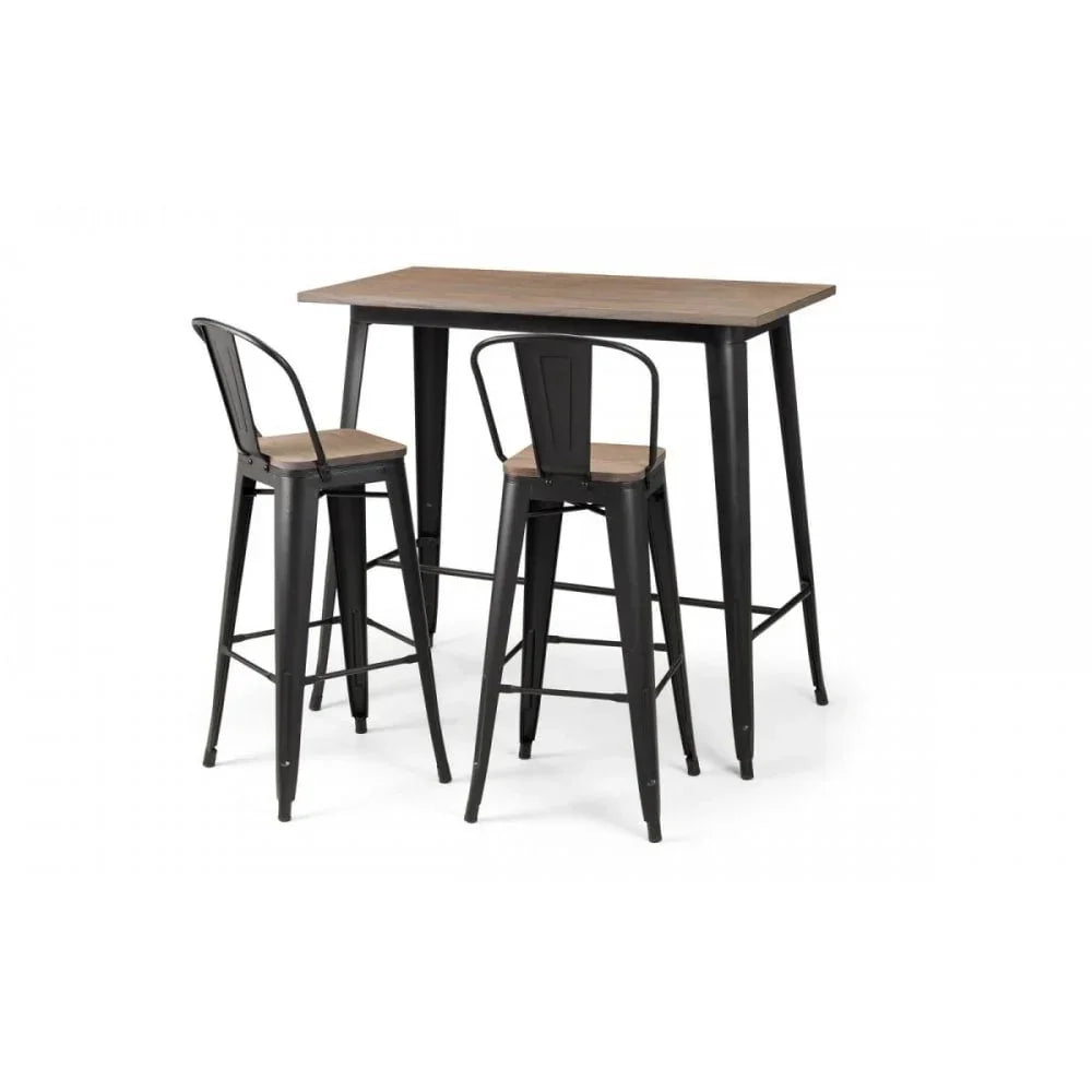 Industrial bar table set with two black metal stools and wood seats
