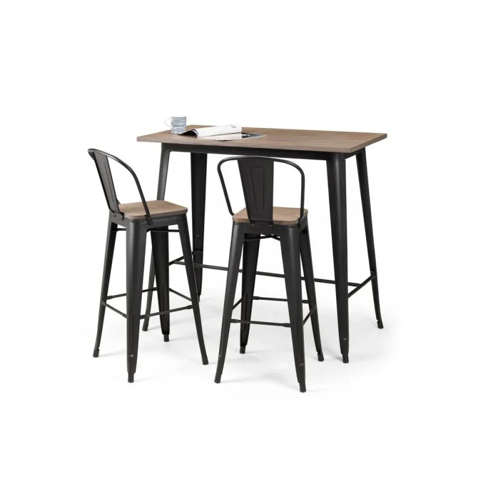 Industrial bar table set with black metal frame and two matching wooden seat bar stools