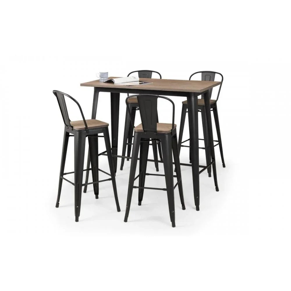 Industrial bar table set with four black metal stools and wooden seats