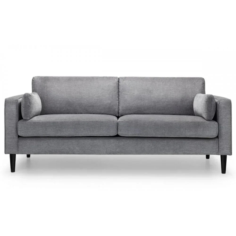 Grey fabric sofa with two seat cushions, two back cushions, bolster pillows, and wooden legs