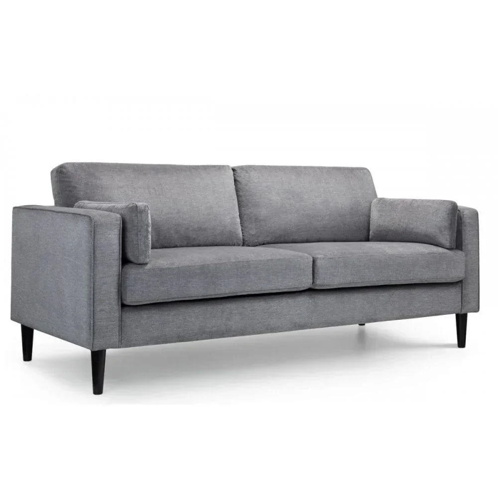 Grey fabric sofa with straight arms and black wooden legs, front angle view