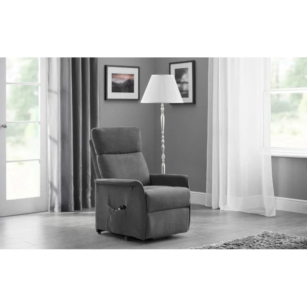 Charcoal fabric recliner chair with control pocket in modern living room setting