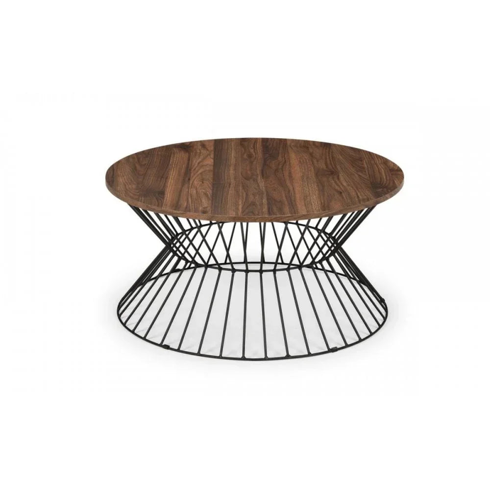 Round coffee table with walnut wood top and geometric black metal base on white background