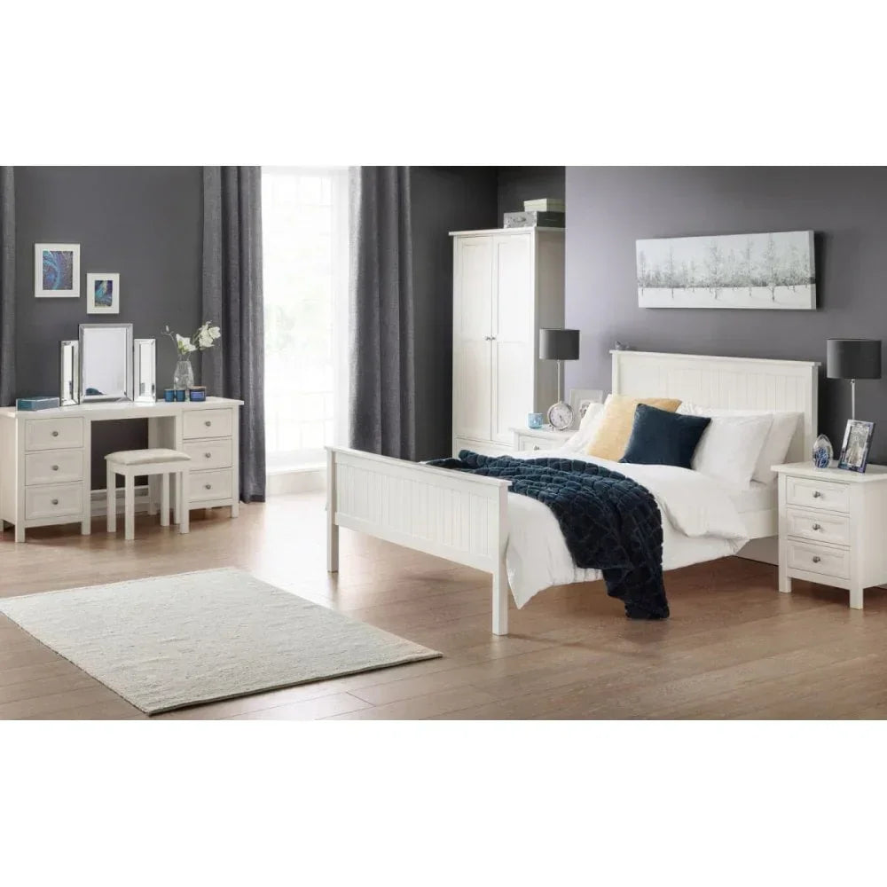 White bedroom furniture set with double bed, wardrobe, dressing table and bedside tables