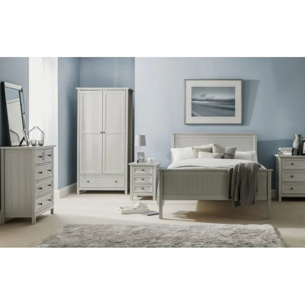 Grey bedroom furniture set with double bed, wardrobe, dresser and bedside tables