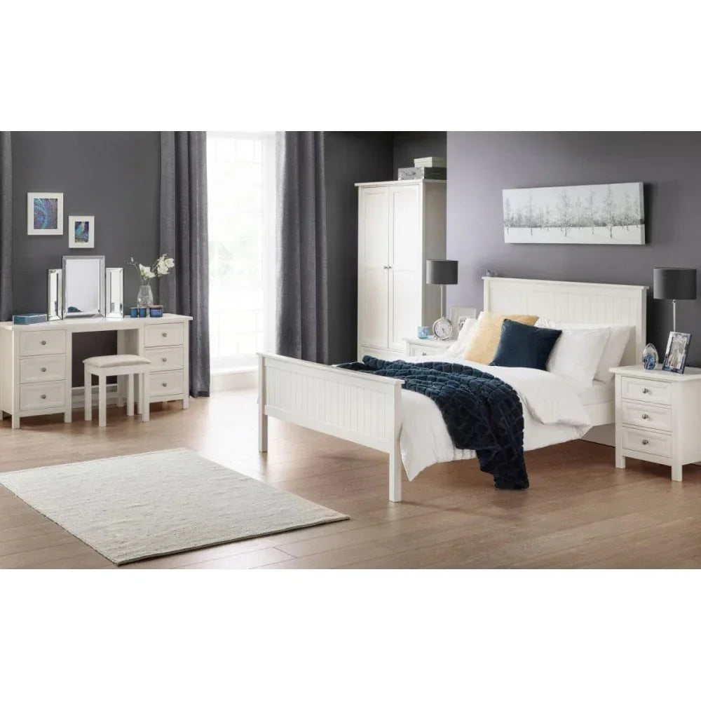 White bedroom furniture set with double bed, wardrobes, dressing table and nightstands