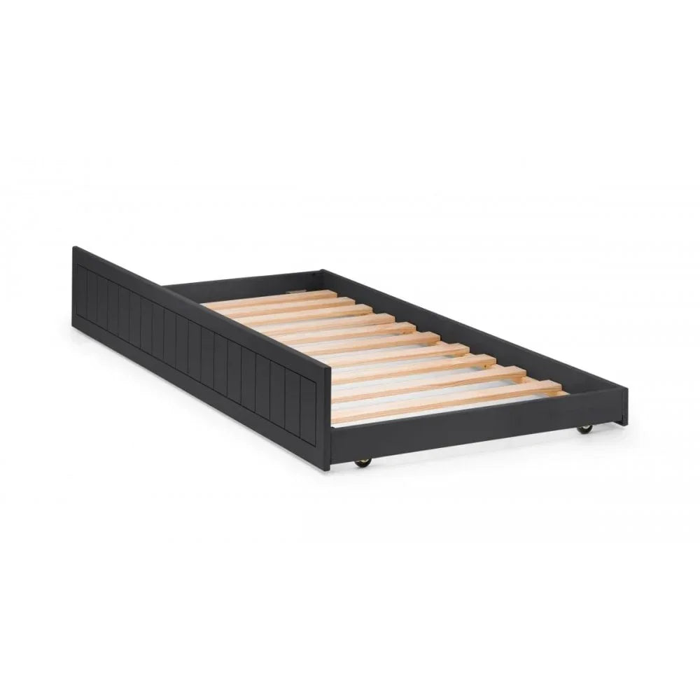 Black wooden trundle bed frame with slatted base and wheels, shown from side angle