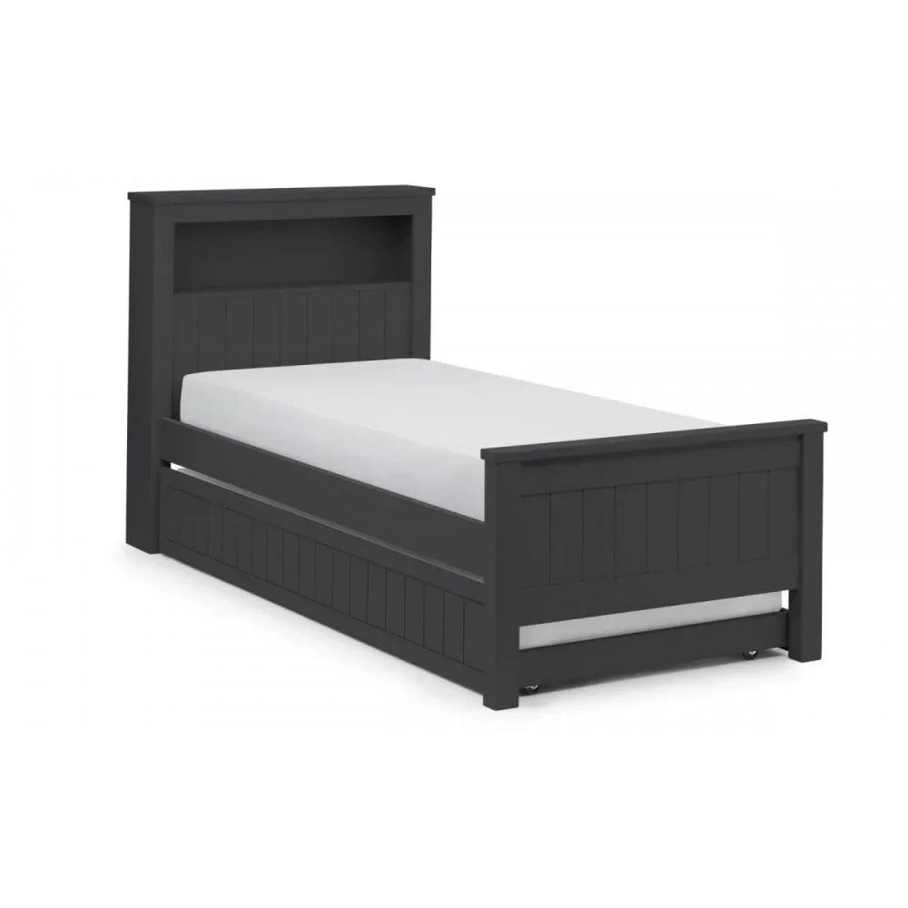 Black wooden single bed frame with high headboard, underbed trundle and panel detailing