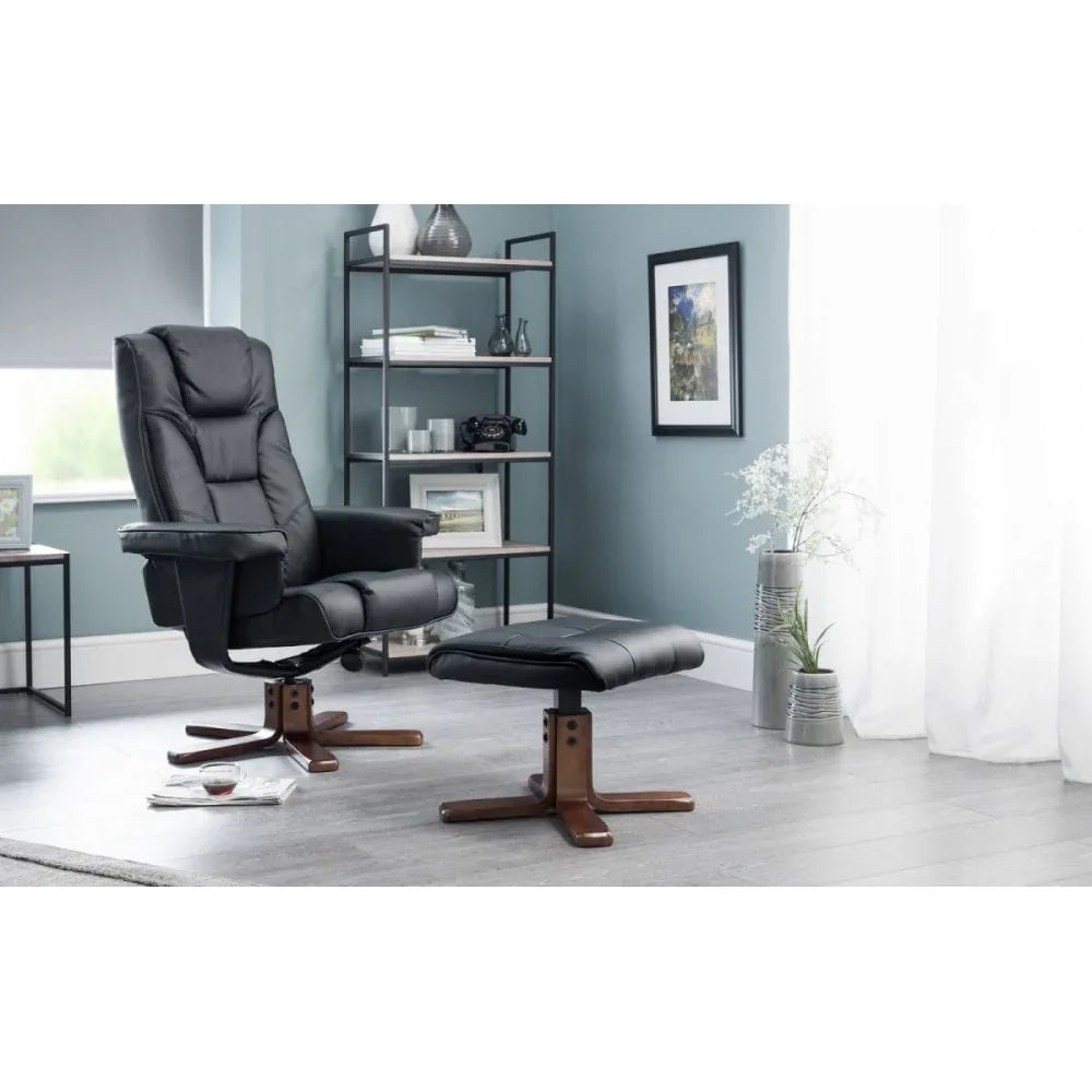 Black leather recliner chair with footstool and wooden base in modern living room
