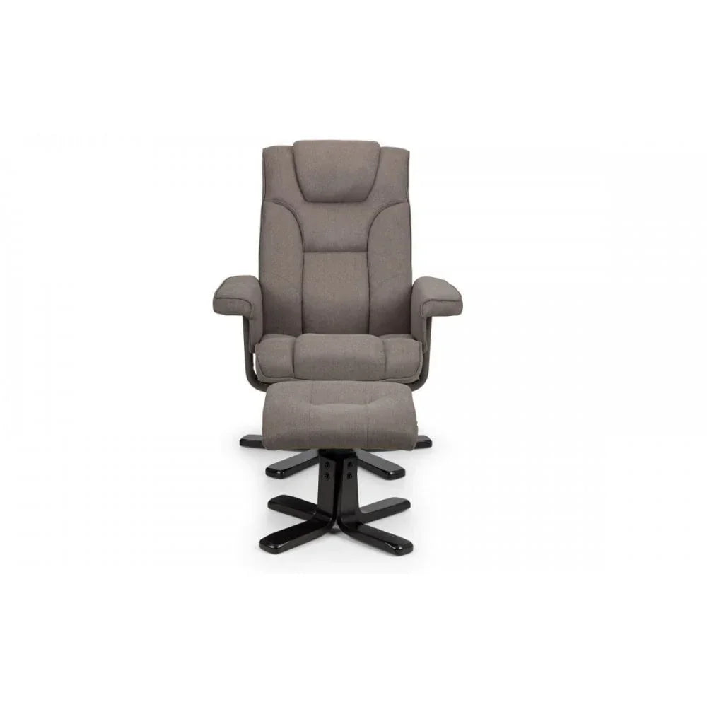 Grey fabric recliner chair with padded armrests and matching footstool on black metal base