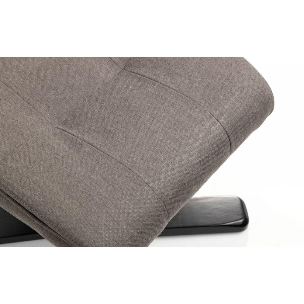 Close-up of grey fabric armchair seat with black wooden base