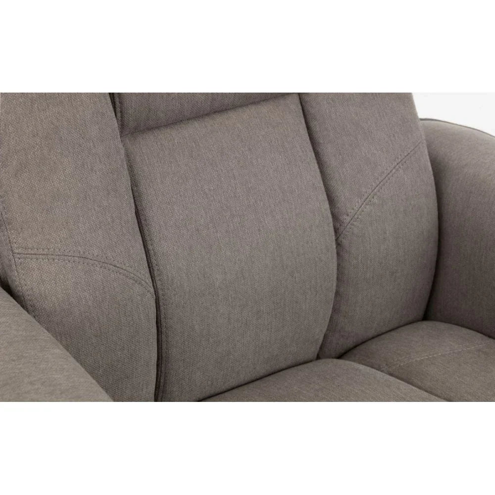Close-up of grey fabric sofa seat and cushioned backrest stitching detail
