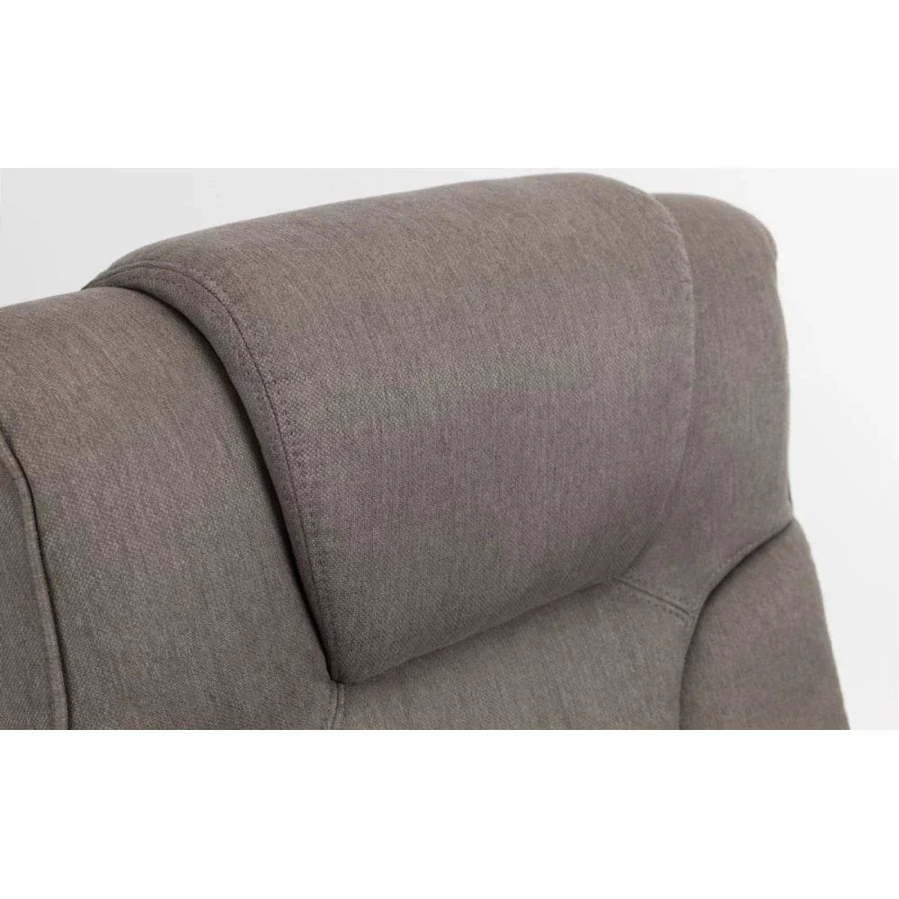 Close up of grey fabric sofa headrest with padded support and stitched detail