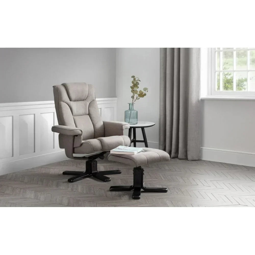 Beige fabric recliner chair with footstool and black base in modern living room