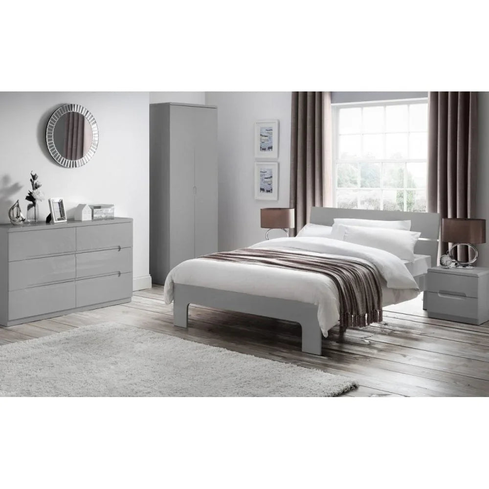 Modern grey bedroom furniture set with bed, wardrobe, chest of drawers and bedside table
