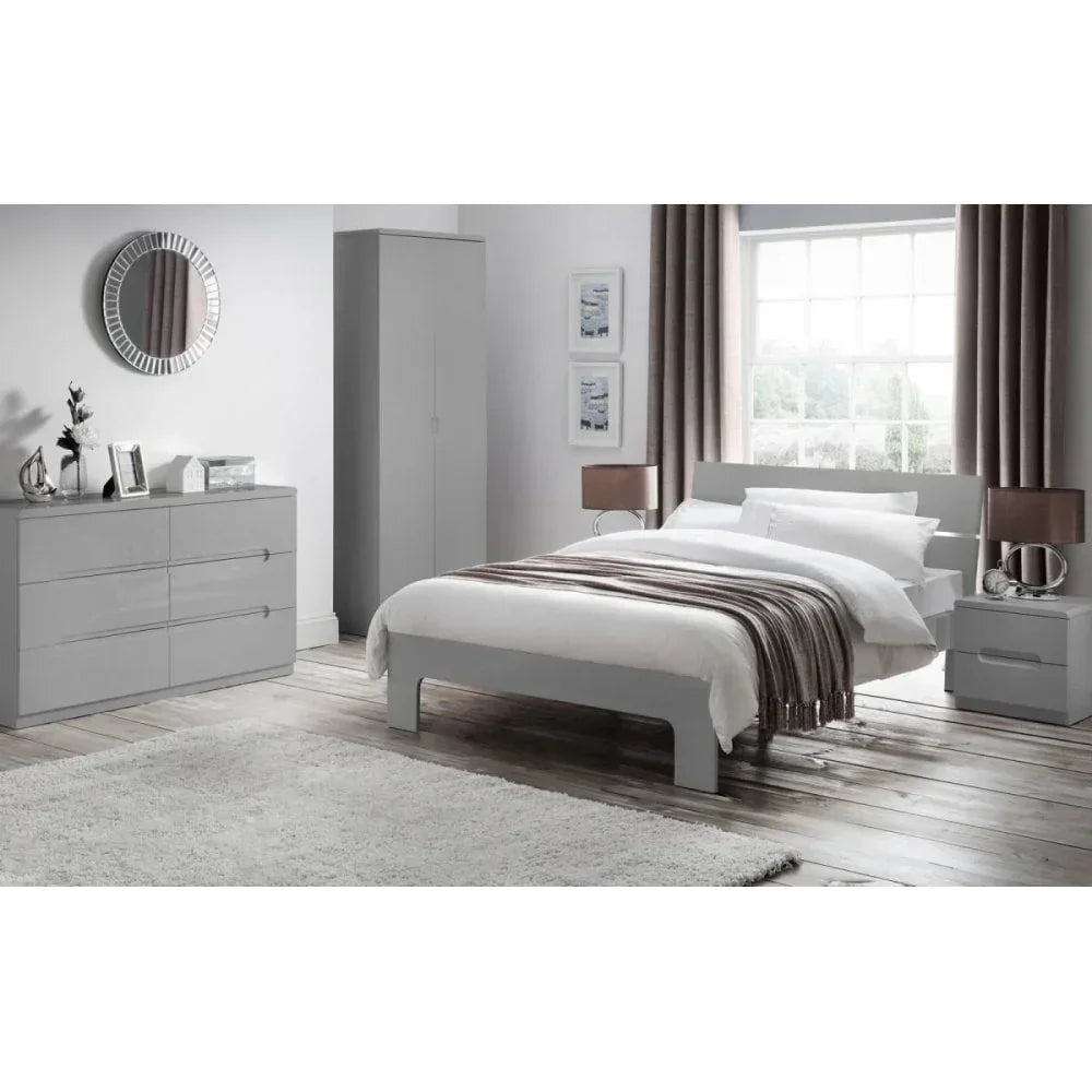 Grey bedroom furniture set with bed, wardrobe, bedside table and chest of drawers