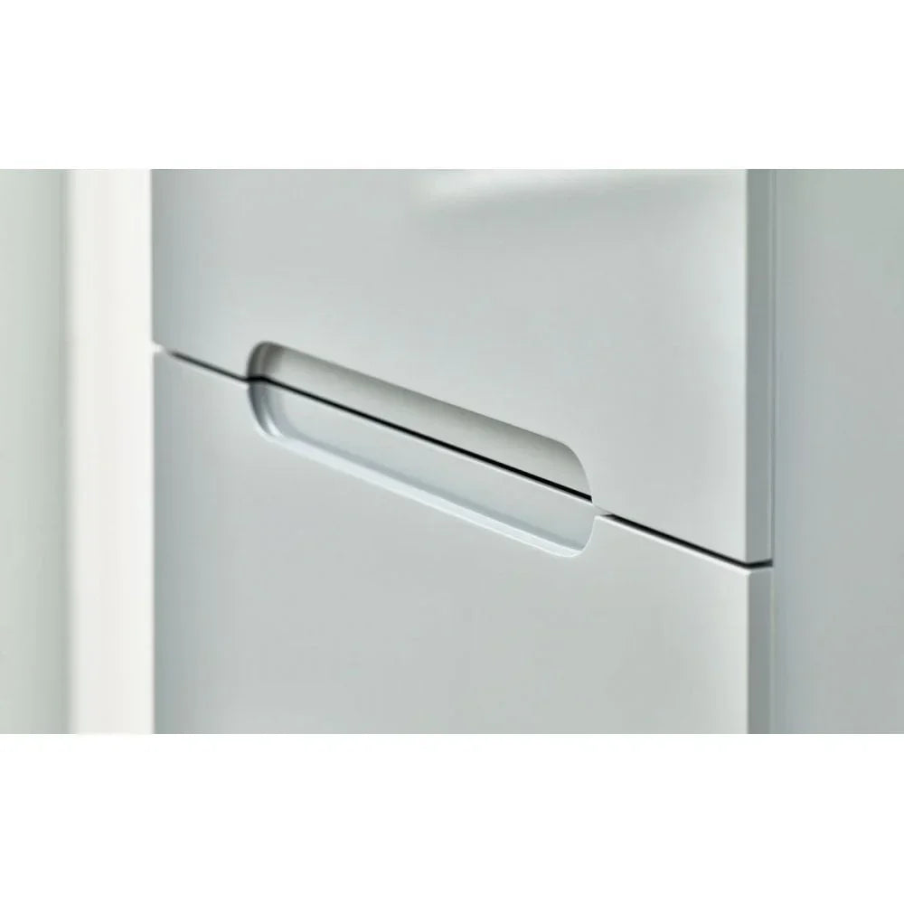 White gloss cabinet drawer with integrated handle in close-up view