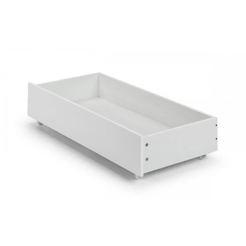 White wooden under bed storage drawer with wheels, angled side view on white background