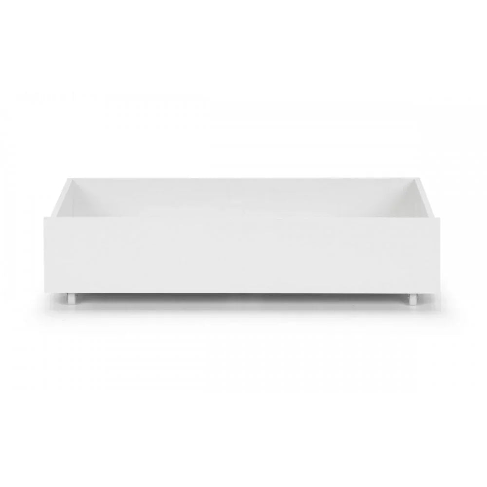 White wooden underbed storage drawer with smooth finish on plain background