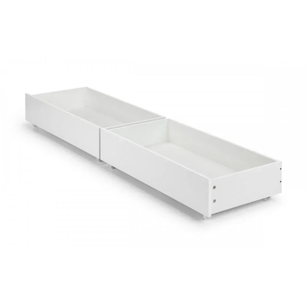 White underbed storage drawers with wheels in a side view