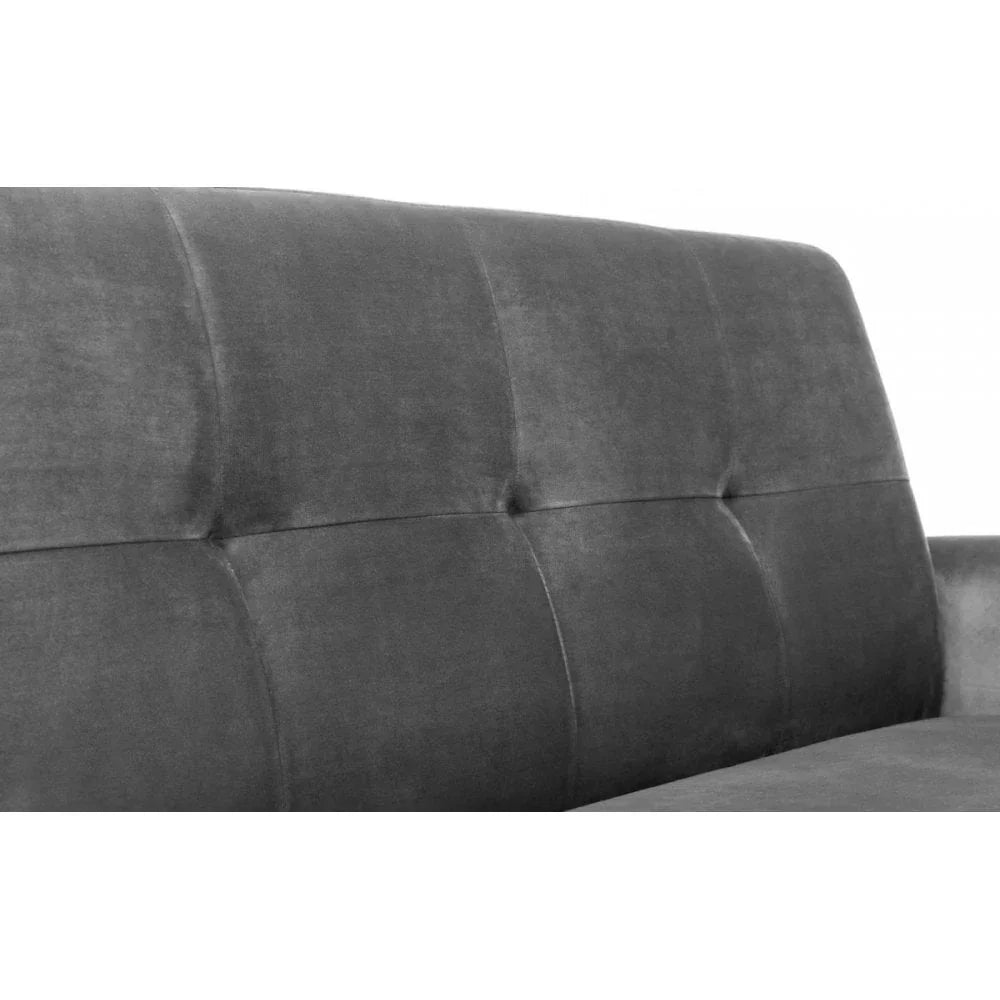 Close-up of dark grey fabric sofa backrest with square stitched detail