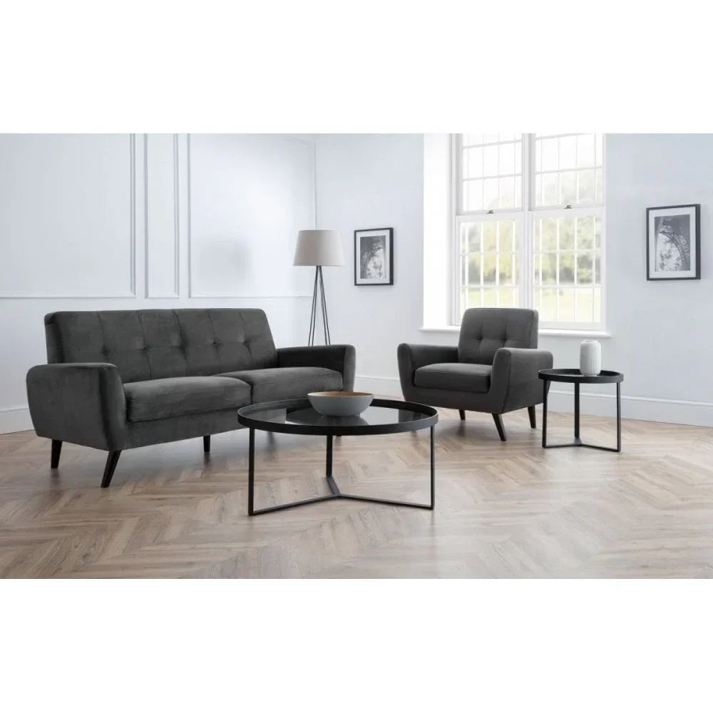 Gray fabric sofa and armchair set with black coffee table in modern living room