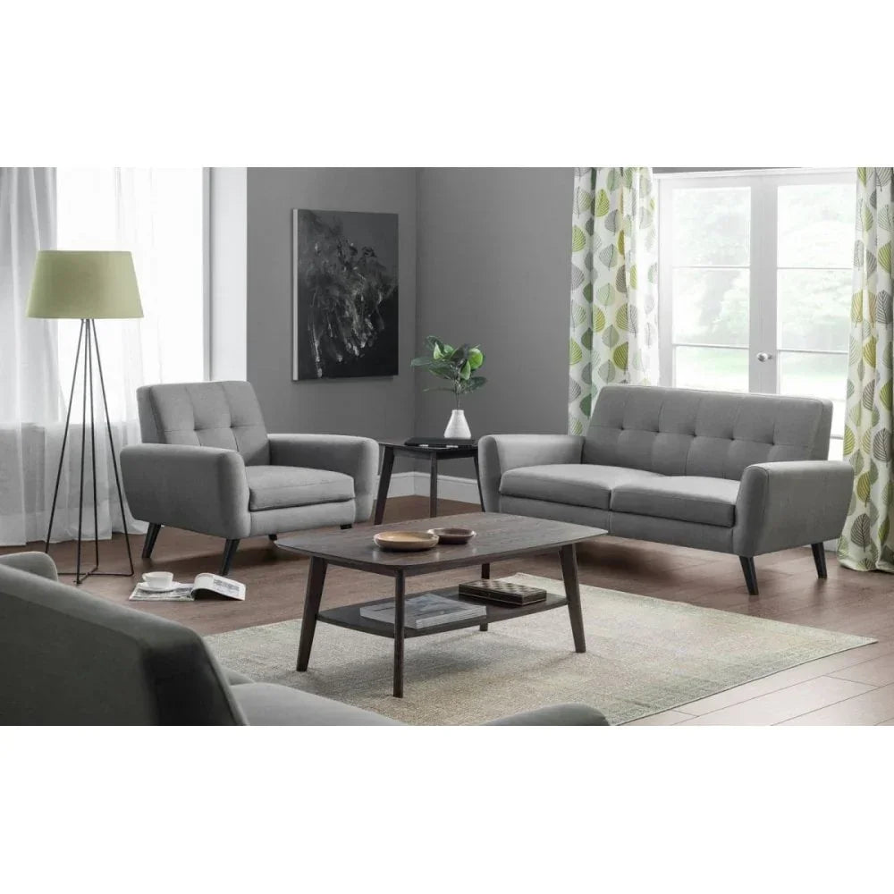Grey fabric sofa set with armchair and coffee table in modern living room