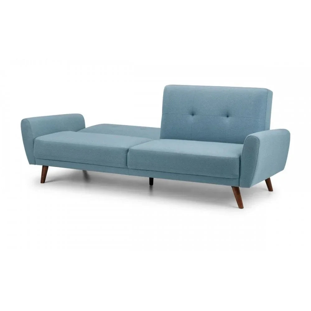 Light blue fabric sofa bed with tufted backrest and angled wooden legs, shown partially reclined