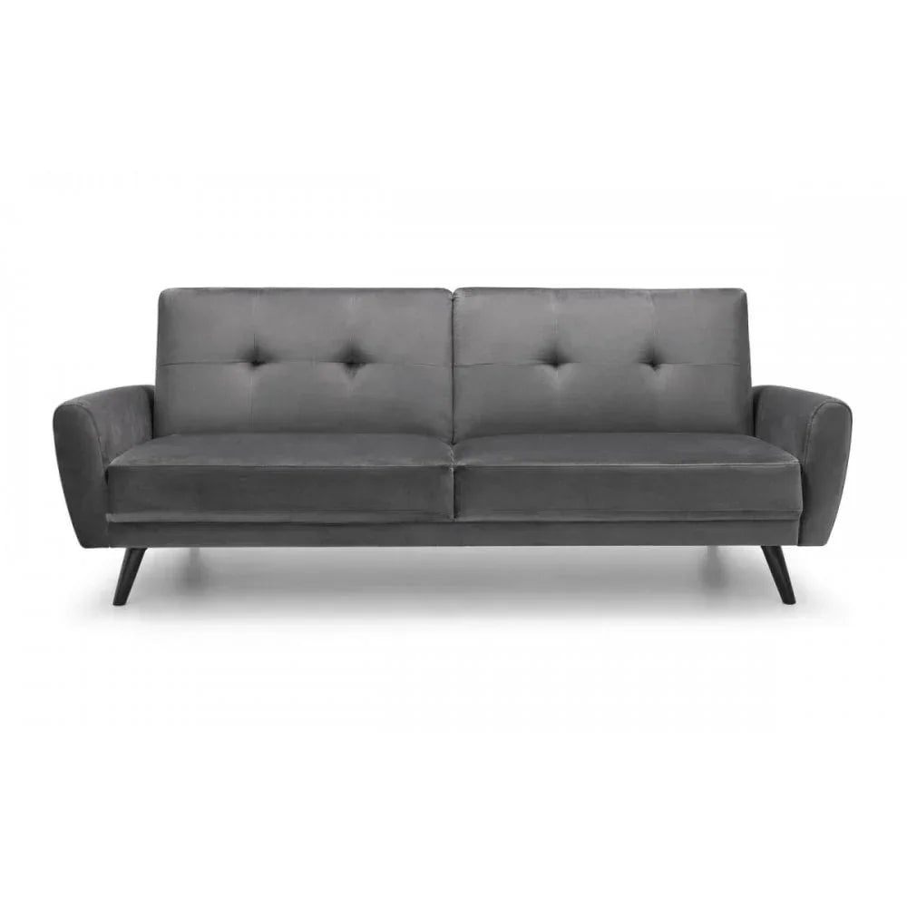 Grey fabric sofa with tufted backrest and angled legs, front view